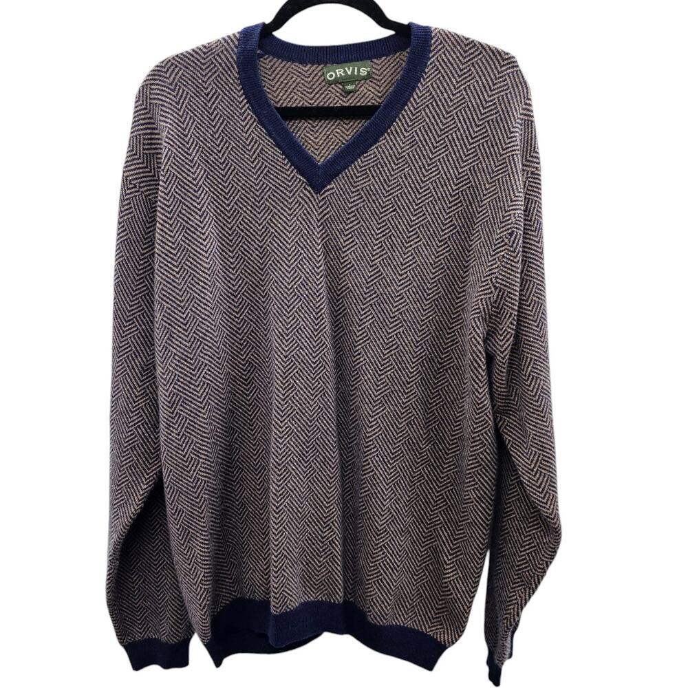 Orvis Mens Large Cashmere V-Neck Pullover Sweater Herringbone Knit